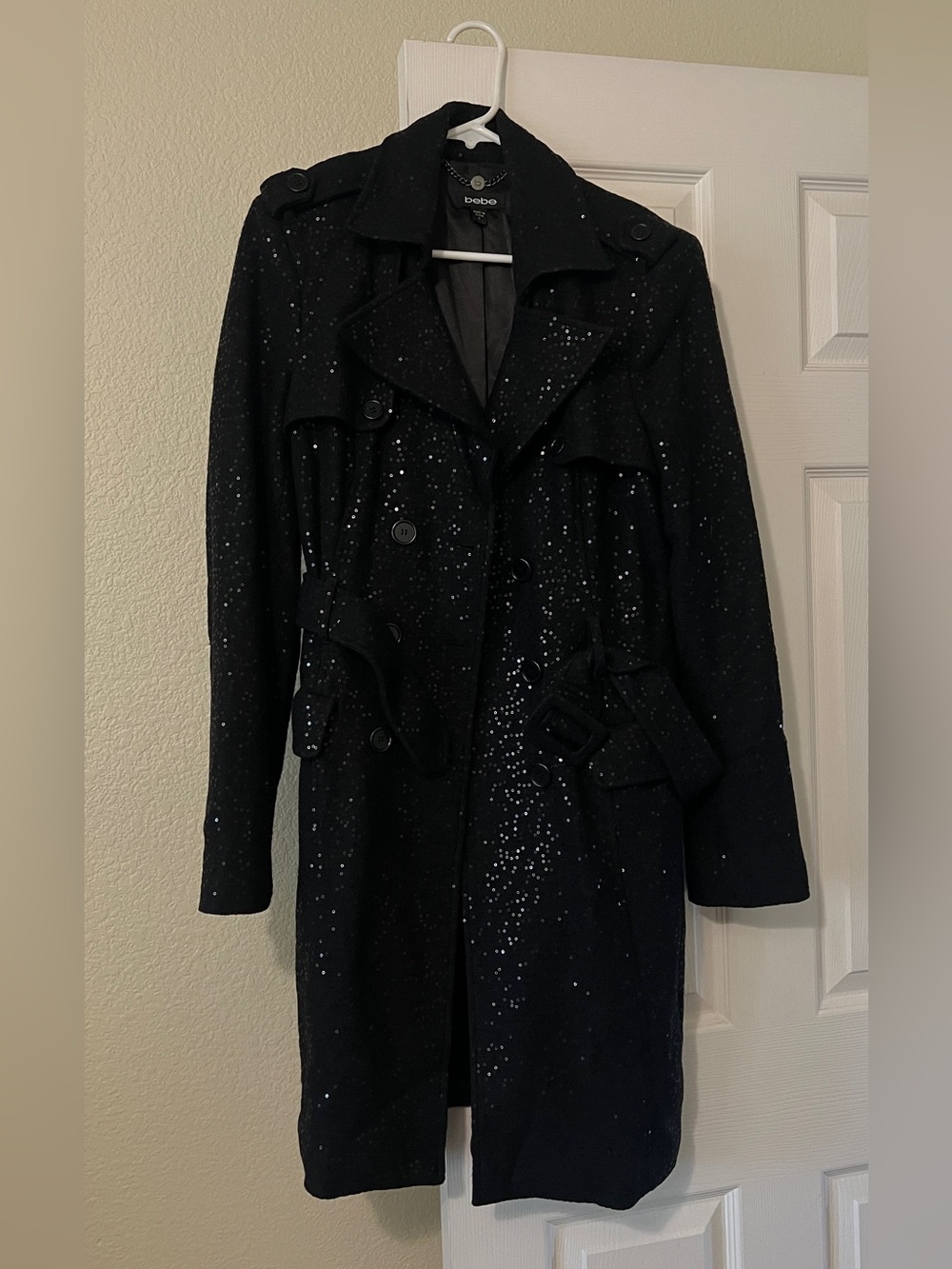 Vintage Bebe Black Sequin-Embellished Trench Coat